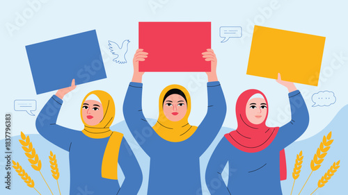 Three Women in Hijabs Holding Colorful Signs, Symbolizing Unity and Freedom of Speech