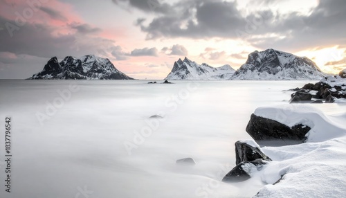 Snowy mountains meet the pale sea
