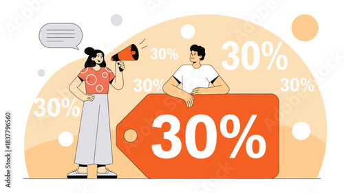 Woman with Megaphone Announces 30% Off Deal with Man Behind Discount Tag Illustration