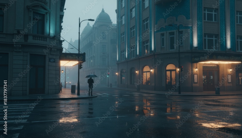 Fototapeta premium Solitary figure holding an umbrella stands on a wet city street corner, illuminated by warm building lights and streetlamps in a foggy, melancholic urban night scene