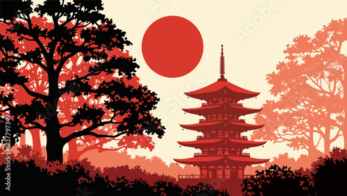 Graphic Illustration of a Traditional Japanese Pagoda Silhouetted Against a Striking Red Sun and Mystical Forest Landscape