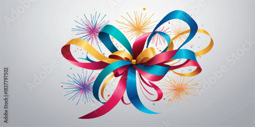 Abstract colorful floral spring design with butterflies, ribbon, and pink flower illustration for birthday celebration card