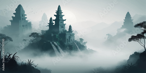 Misty morning view of a cold pine forest landscape with snow and fog covering the alps mountains