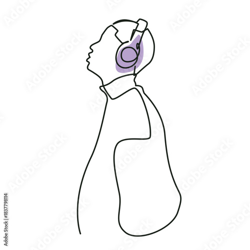 Boy with headphones one line drawing. Boy with headphones single line illustration. Boy with headphones minimalist line art. Boy with headphones vector art