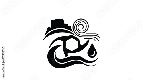 Abstract representation of natural elements: water, wind, and land.