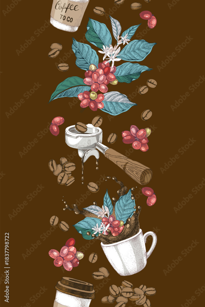 Naklejka premium Vertical coffee seamless border vector