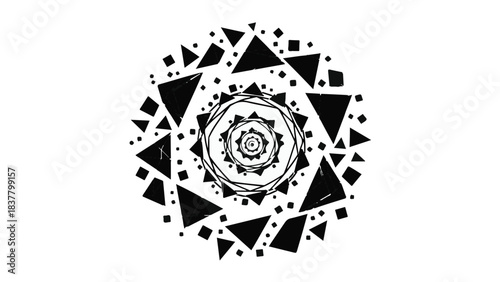 Intricate geometric mandala design with repeating triangular and circular patterns in black and white