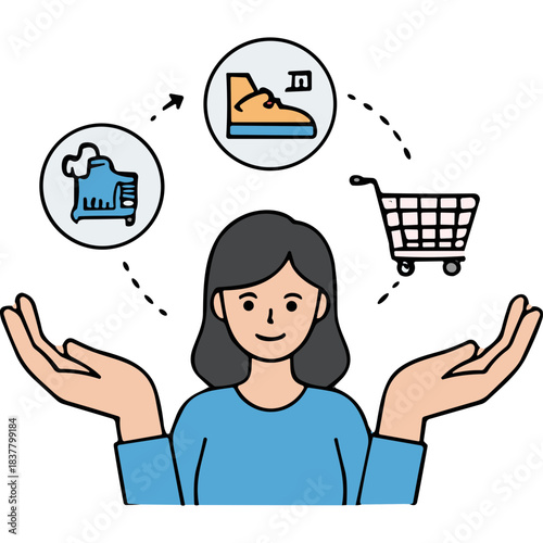 Woman contemplating footwear options a shopping cart and a cash register symbolizing consumer choices and retail decisions in a stylized illustration