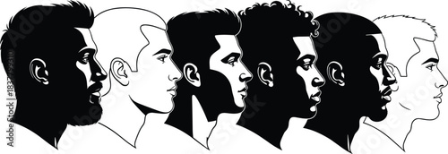 Black Silhouettes of Male Profiles with Distinct Hairstyles and Facial Features, Ideal for Grooming, Fashion, Vector Art, and Design Use