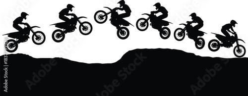 Black Silhouettes of Motocross Rider Jumping Over Terrain, Ideal for Sports Motion, Dirt Bike Action, Vector Art, and Design Use