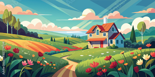 A charming countryside scene with a house, flowers, and rolling hills under a bright sky view
