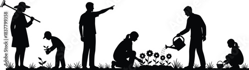 Black Silhouettes of People Doing Gardening Tasks on Grass, Ideal for Outdoor Work, Nature Activity, Vector Art, and Design Use