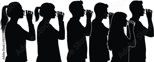 Black Silhouettes of People Drinking from Glasses in Sync, Ideal for Hydration, Social Behavior, Vector Art, and Health Concept Design