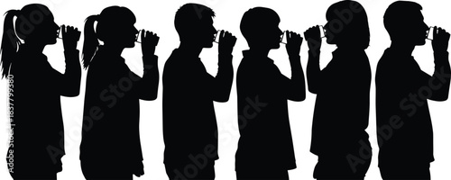 Black Silhouettes of People Drinking from Cups in Sync, Ideal for Routine Behavior, Health Concept, Vector Art, and Lifestyle Design Use