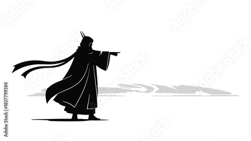 Mysterious figure in ancient garb points towards a distant, ethereal landscape, symbolizing exploration and destiny.