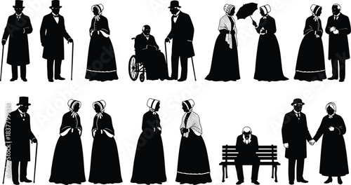 Silhouette of elderly individuals in vintage attire performing daily activities, black vector illustration symbolizing aging, companionship, and historical lifestyle