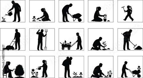 Black Silhouettes of Adults and Children Performing Gardening Tasks, Ideal for Outdoor Work, Nature Activity, Vector Art, and Design Use