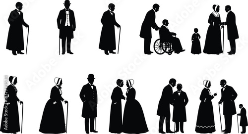 Silhouette of elderly individuals in vintage clothing engaged in social interactions, black vector illustration symbolizing aging, caregiving, and historical companionship