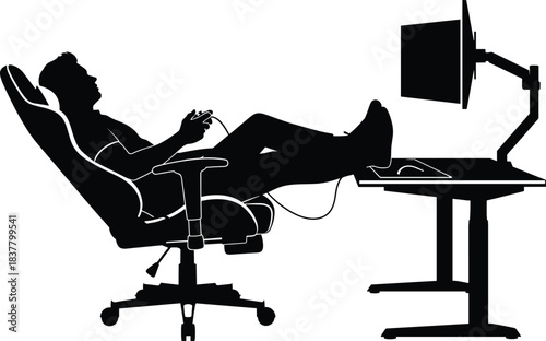 Silhouette of gamer in reclining chair with controller and monitor, black vector illustration symbolizing modern gaming setup and digital lifestyle