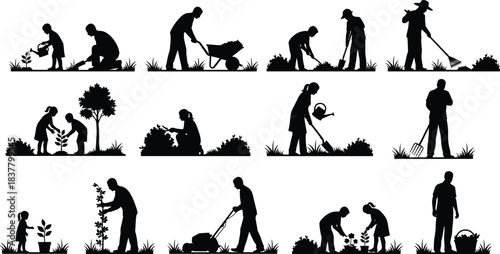 Black Silhouettes of Adults and Children Performing Gardening Tasks, Ideal for Outdoor Work, Nature Activity, Vector Art, and Design Use