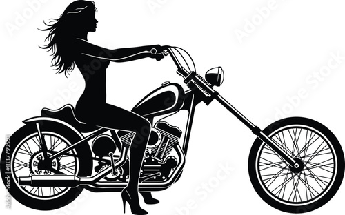 Silhouette of person riding chopper motorcycle, black vector illustration symbolizing freedom, style, motion, and classic biker attitude with elegance