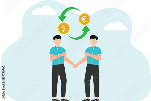 Money transfer, currency exchange, international companies for making currency transfers, dollar to euro conversion, account transactions, two businessmen shaking hands and exchanging currency.
