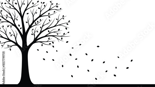 Stylized silhouette tree with sparse branches and falling leaves, minimal black vector design symbolizing autumn wind and seasonal transition