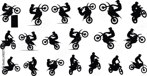 Black Silhouettes of Dirt Bike Riders Performing Wheelie Stunts and Jumps, Ideal for Extreme Sports, Vector Art, and Design Use