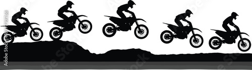Black Silhouettes of Dirt Bike Rider Performing Jump Sequence, Ideal for Motocross Action, Sports Motion, Vector Art, and Design Use