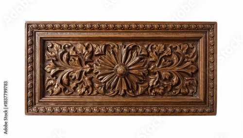 Ornate handcrafted wooden panel with floral carving and decorative border, classic interior architectural element