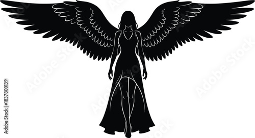 Silhouette of winged female figure in flowing dress, black vector illustration symbolizing angelic presence, fantasy, strength, and elegance