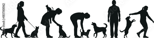 Silhouette sequence of people interacting with dogs and cats, black vector illustration showing pet companionship, bonding, play, and affection