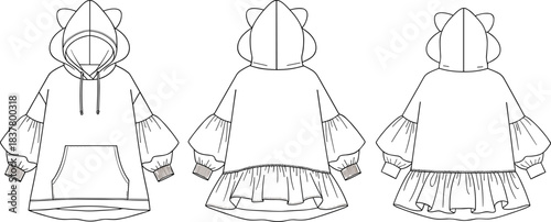 Oversized Cat Ear Hoodie Line Art Technical Drawing Vector Illustration, Women's Novelty Sweatshirt Sketch with Peplum Ruffle Hem, Balloon Puff Sleeves, Front, Side, and Back View, Apparel Template