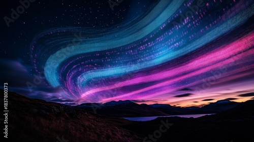 A breathtaking view of a colorful night sky. Swirling hues of blue and purple create a mesmerizing atmosphere. Perfect for dreamers and stargazers. Generative AI