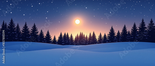 Winter night landscape with full moon and snow-covered pines  