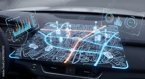 Futuristic holographic navigation system displaying a 3D city map and data visualizations inside a modern car interior.