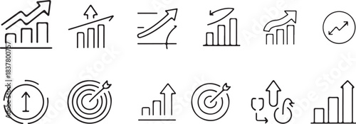 A collection of modern minimal line art vector icons depicting various aspects of business growth financial progress and successful target achievement