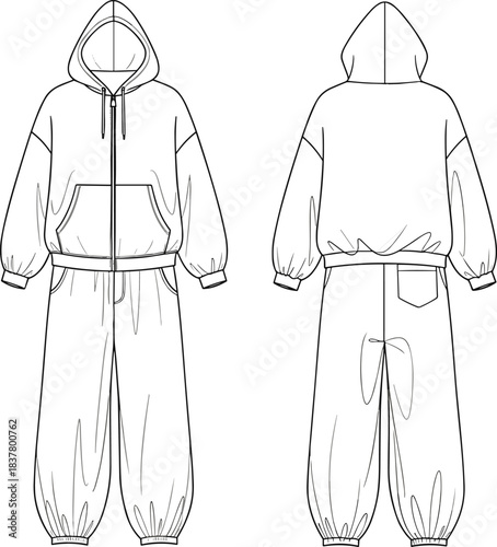 Oversized Zip-Up Hooded Jumpsuit Technical Drawing Vector Illustration, Full-Body Onesie Sketch with Elasticated Cuffs, Drop Shoulders, and Kangaroo Pocket, Front and Back View, Apparel Template Fash