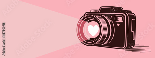 Camera lens projecting heart-shaped light on pink background  