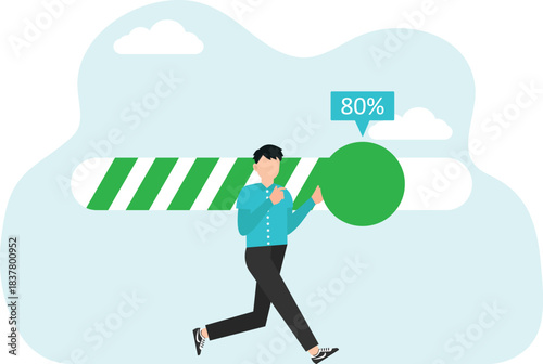 Finding ways and methods to achieve fast success in business or work, thought process and logic to quickly complete a project or task, high productivity and performance, hand pushing loading slider.

