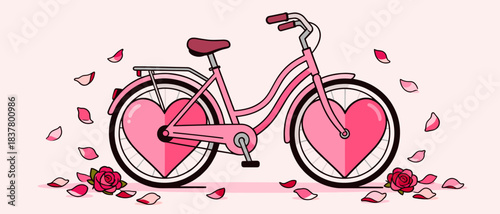 Pink bicycle with heart-shaped wheels surrounded by rose petals  