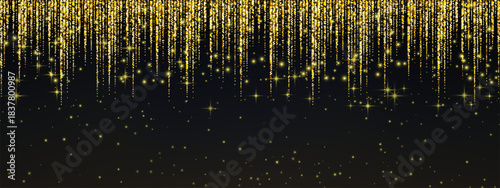 Golden glitter rain cascading against black background with shimmering stars and magical light particles creating luxurious festive atmosphere for celebrations.