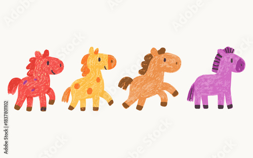 Colorful Cute Horse Clipart Set – Hand Drawn Crayon Style Animal Illustrations