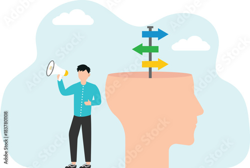 Planning team strategy, ways to achieve business goals, search for new opportunities, direction of career development, path to success, man stands on pointer in human head and looks through telescope.