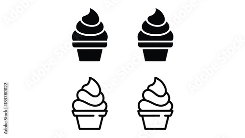  Minimal black and white ice cream icon set featuring solid and outlined swirl cone illustrations, perfect for food, dessert, snack menus, cafe branding, summer themes and sweet treat designs