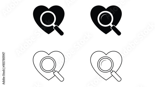 Minimal black and white heart search icon set featuring solid and outlined styles with magnifying glass symbol, representing love search, dating, relationship analysis, finding match and emotional di 