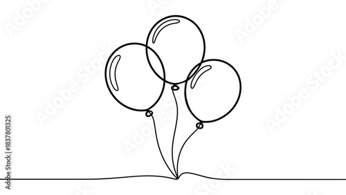  Minimalist one-line drawing of three floating party balloons with simple continuous line art style, symbolizing celebration, joy, festivity, birthday events, decoration and happiness