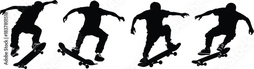 Skateboarder Silhouette Doing Trick Set vector
