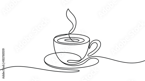  Minimalist continuous line art illustration of a steaming coffee cup on a saucer, symbolizing warmth, relaxation, café culture, morning routine, beverage enjoyment, hospitality, and cozy lifestyle co