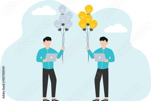 Leadership in creating brilliant ideas to grow business or overcome challenges, intelligence or creativity to achieve goals, mentoring for innovation, the leader gives the employee a light bulb ballon